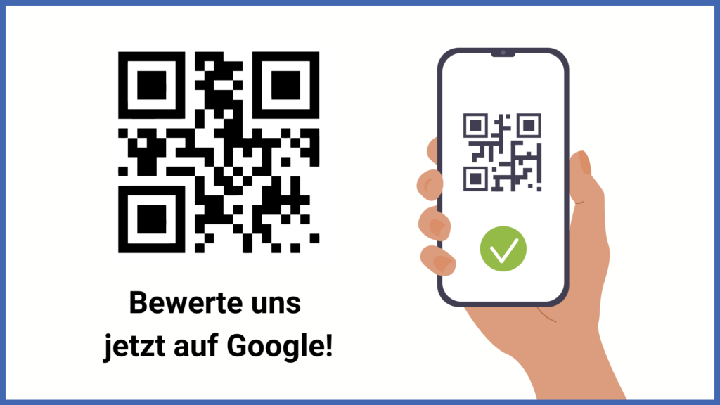 Illustration einer Hand, die mit einem Smartphone einen QR-Code scannt. Unter dem QR-Code steht: „Bewerte uns jetzt auf Google“