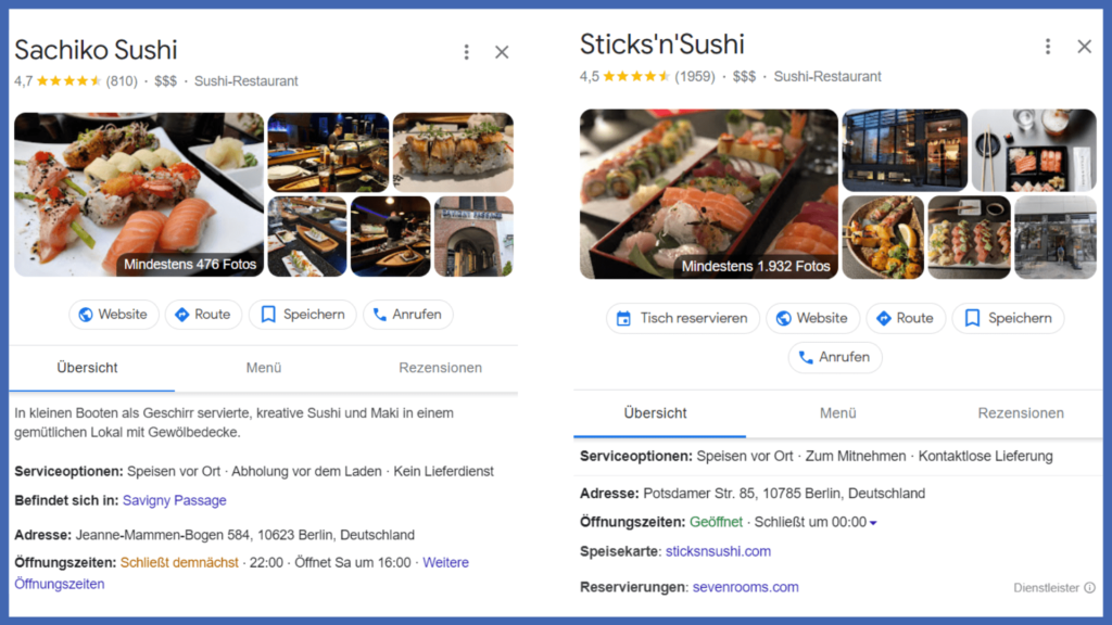 Die Google Unternehmensprofile von zwei Sushi Restaurants in Berlin sind nebeneinander dargestellt.