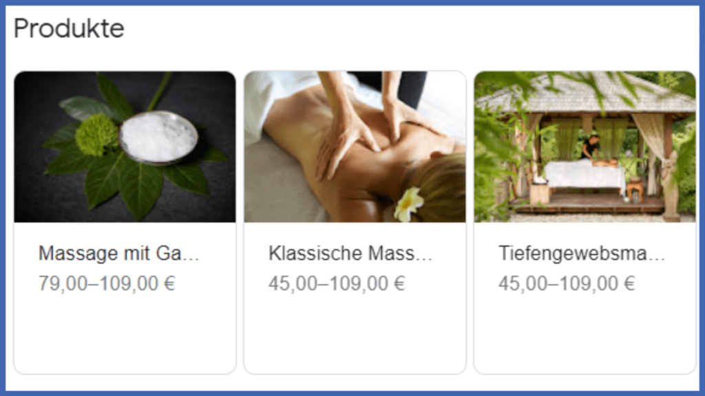 Die verschiedenen Produkte des Vabali Spas Berlin werden auf dem Unternehmensprofil als Produktkarussel angezeigt.