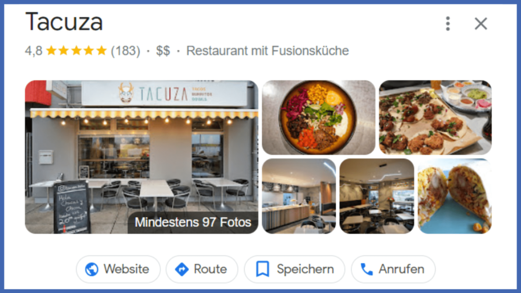 Anzeige von verschiedenen Bildern auf dem Google Unternehmensprofils des Restaurants Tacuza in Berlin.