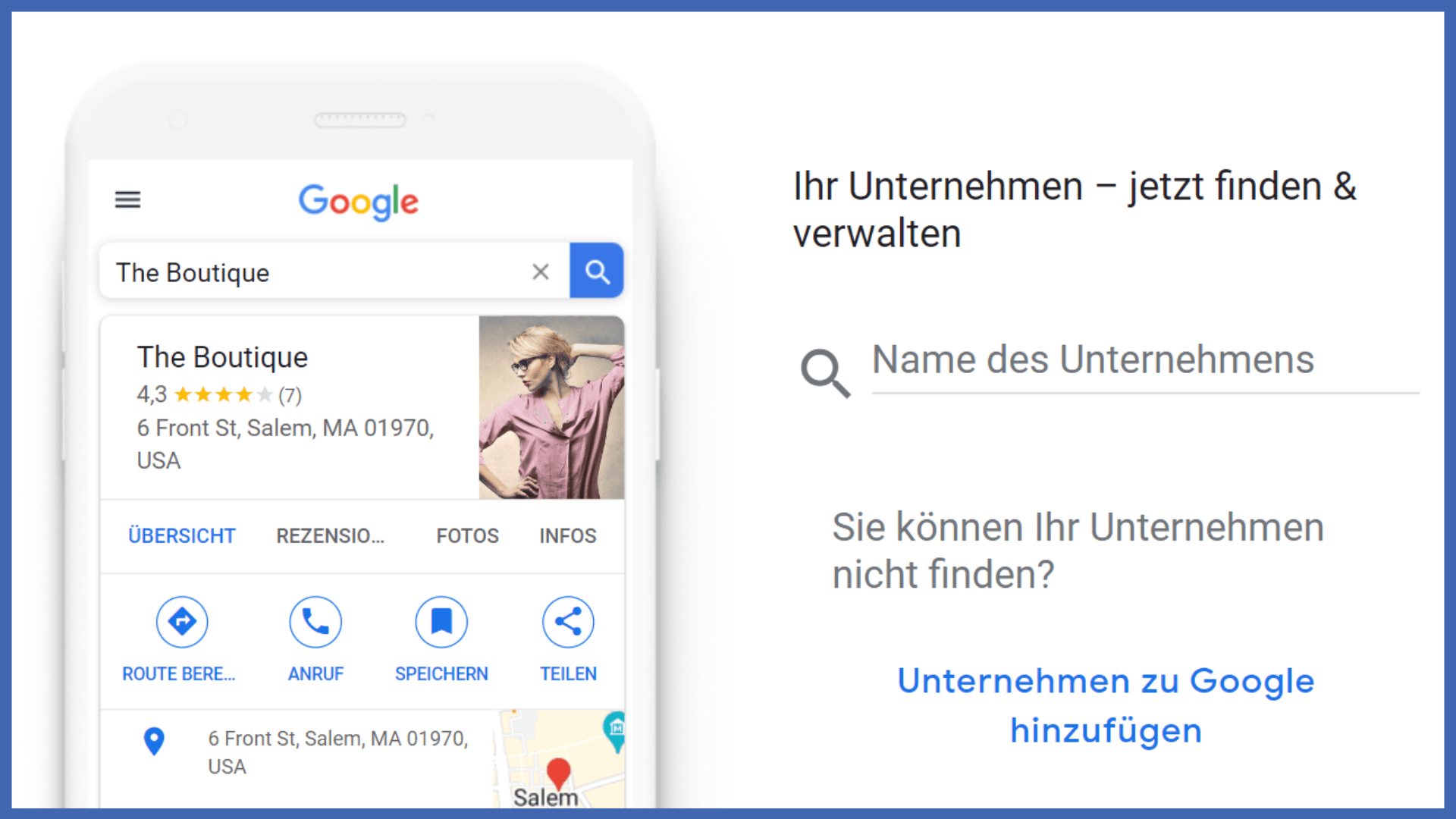 Screenshot des Schritts "Unternehmen zu Google hinzufügen"