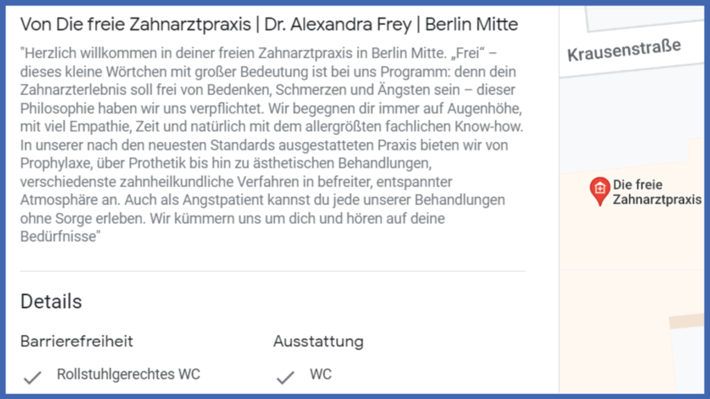 Die Unternehmesbeschreibung einer Zahnarztpraxis in Berlin.