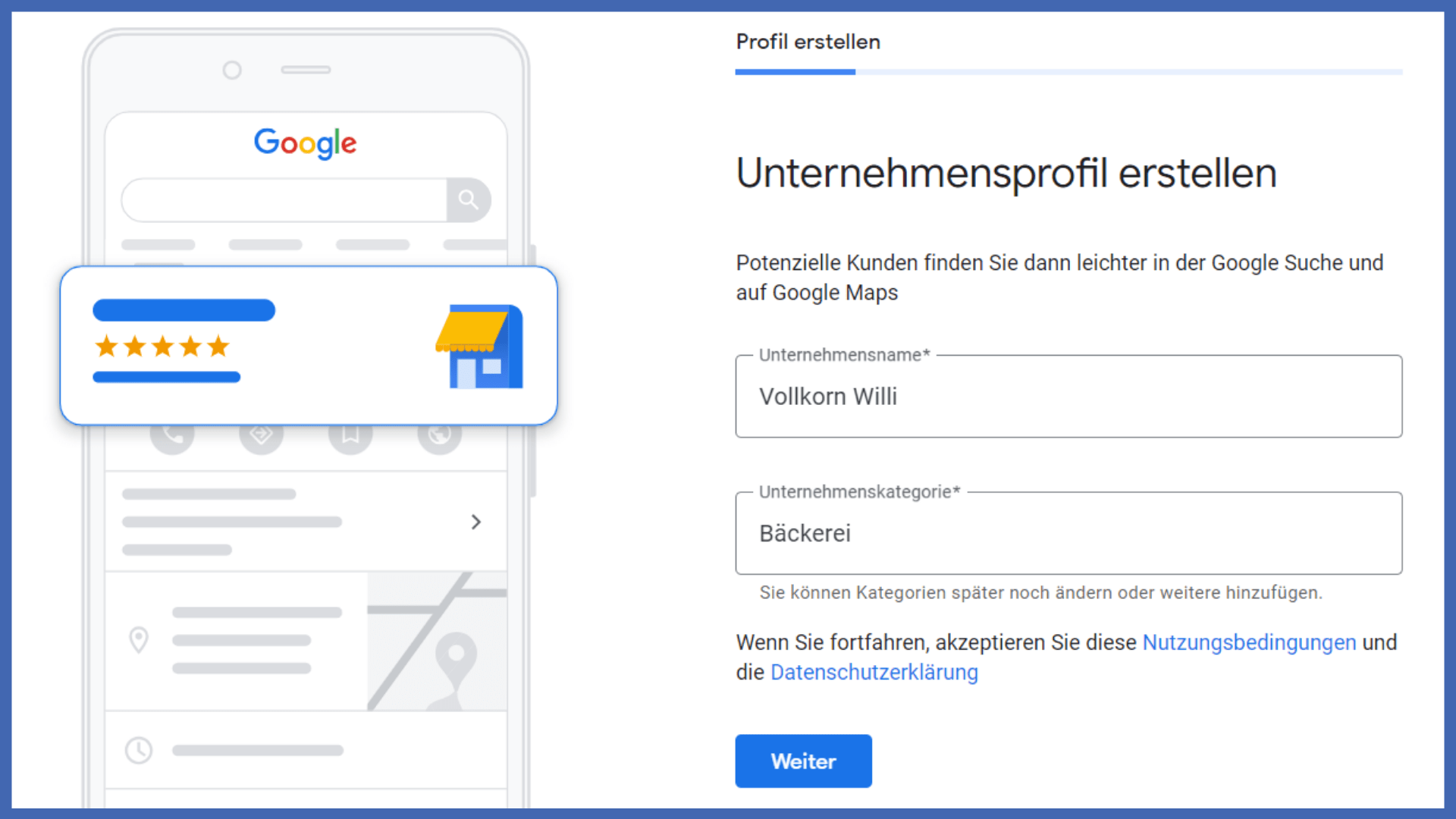 Screenshot des Schritts "Unternehmensname und Kategorie eintragen"