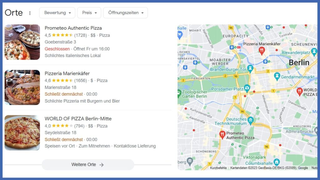 Ein Screenshot von Google Maps. Die drei Suchergebnisse für den Suchbegriff Pizza Berlin sind angezeigt.