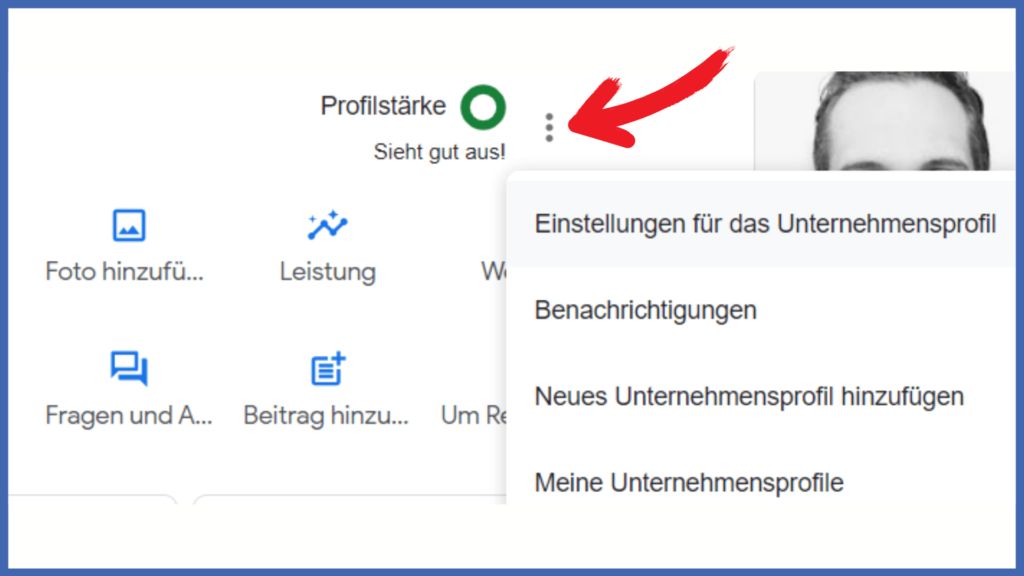 Ein Screenshot eines Google Unternehmensprofils. Der Menüpunkt “Einstellungen für das Unternehmensprofil” ist ausgewählt.