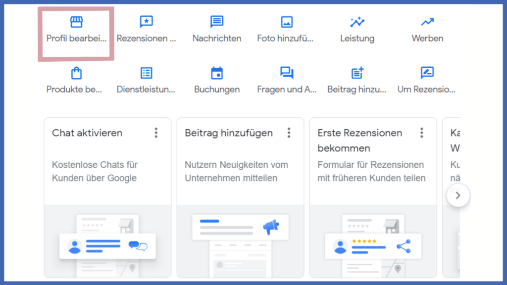 Ein Screenshot eines Google Unternehmensprofils. Der Menüpunkt ”Profil bearbeiten“ ist ausgewählt.