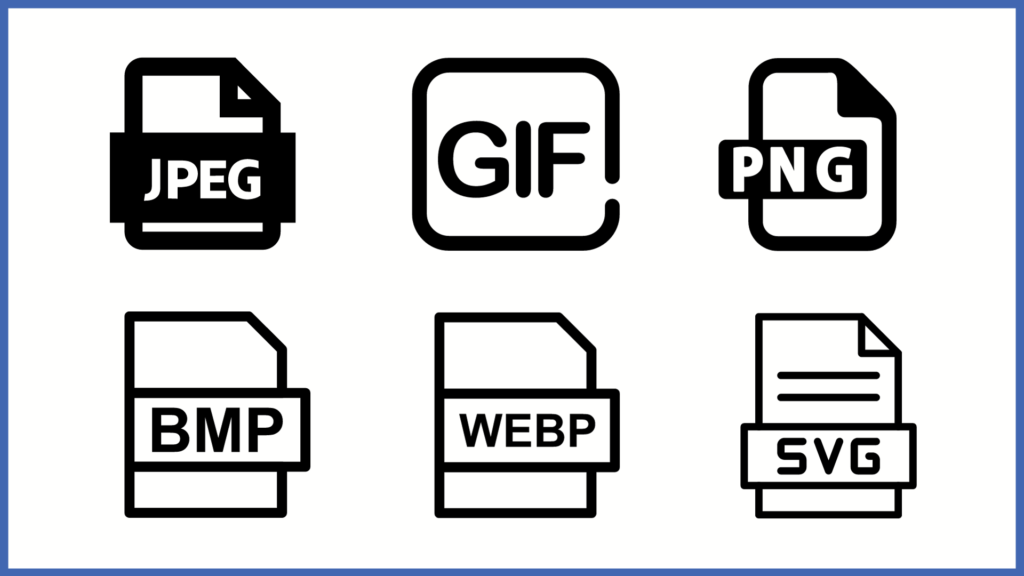 Icons der sechs von der Google Bildersuche unterstützten Dateiformate JPEG, GIF, PNG, BMP, WEBP und SVG.