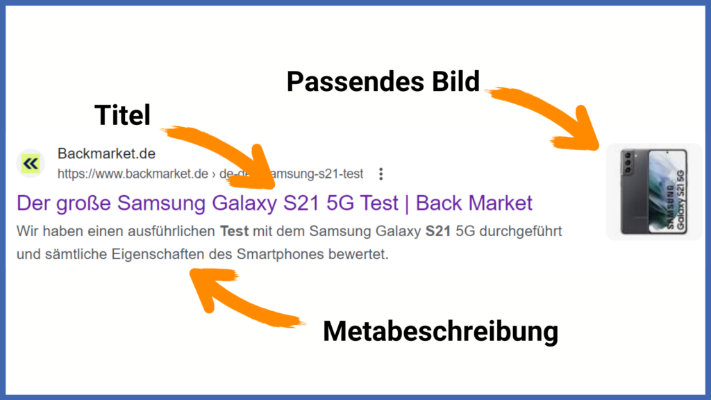 Ein Screenshot eines Google Ergebnisses, bei dem der Titel, die Metabeschreibung und das Bild des Suchergebnisses mit Pfeilen markiert sind.
