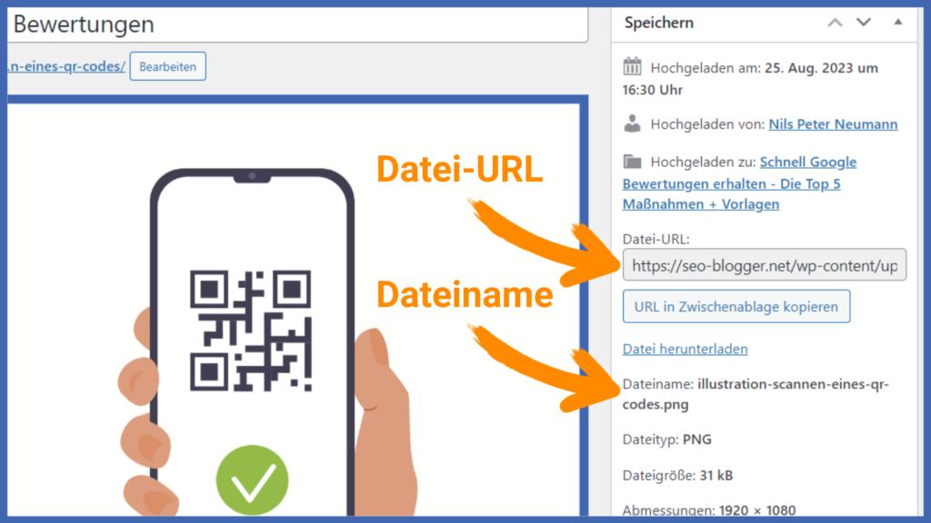 Ein Screenshot von dem Menü „Datei bearbeiten“ in WordPress. Die Stelle, an der die Datei-URL und der Dateiname angezeigt sind, sind mit einem Pfeil markiert und beschriftet.