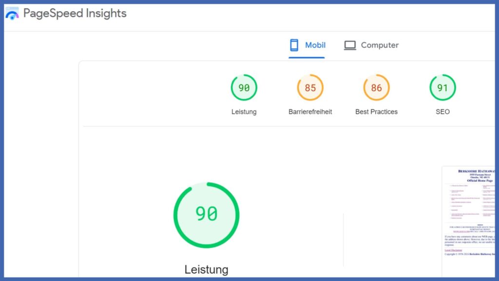 Screenshot von einem Ergebnis von PageSpeed Insights.