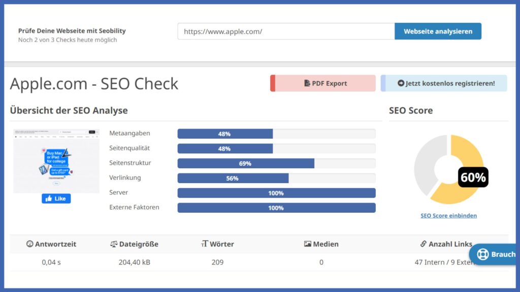 Screenshot eines Ergebnisberichts des SEO-Checks von Seobility.