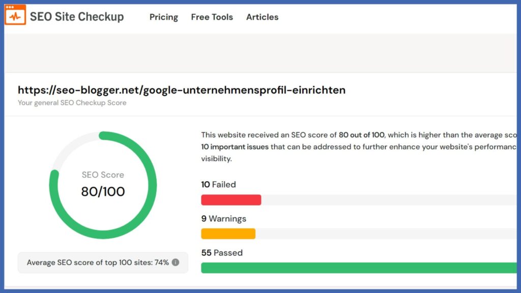 Screenshot eines Ergebnisberichts von dem Tool SEO Site Checkup.