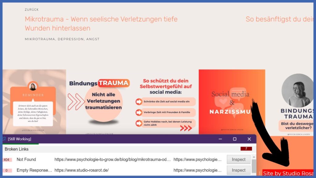 Screenshot der geöffneten Chrome Erweiterung Broken Link Checker auf einer Website. Markiert ist ein Broken Link im Footer der Seite.