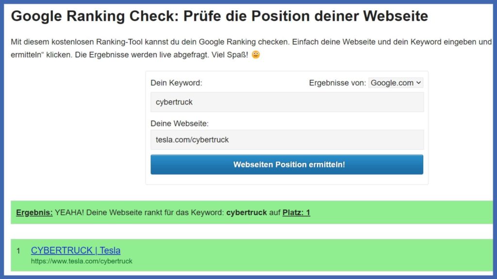 Screenshot eines Ergebnisses des Google Ranking Check.