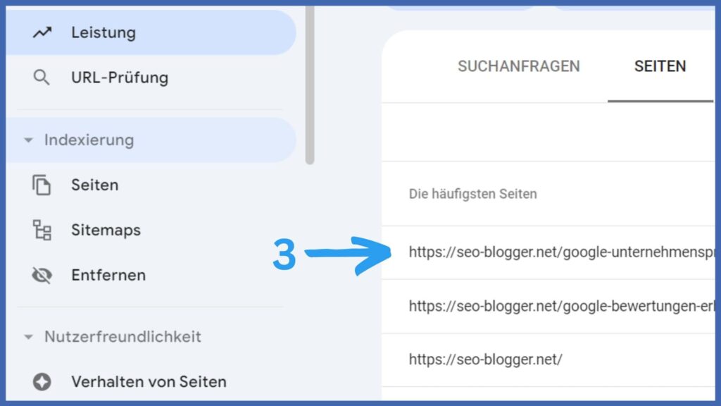 Ein Screenshot der Goolge Search Console. Markiert ist eine URL unter dem Menüpunkt Leistung – Seiten.