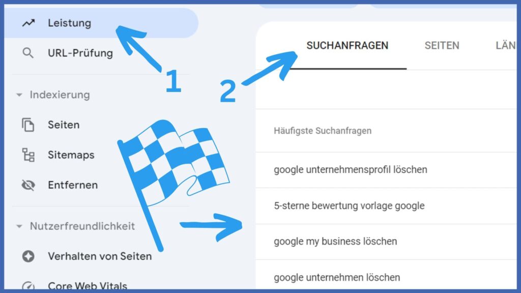 Ein Screenshot der Goolge Search Console. Markiert sind die Menüpunkte Leistung und Suchanfragen.