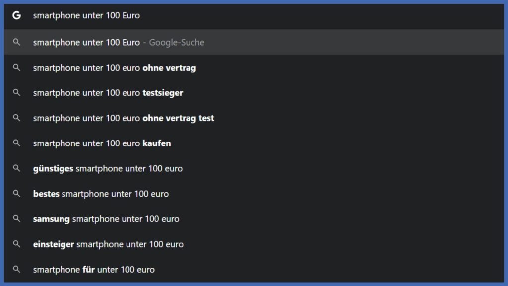 Screenshot von Vorschlägen, bei einer Suche bei Google.