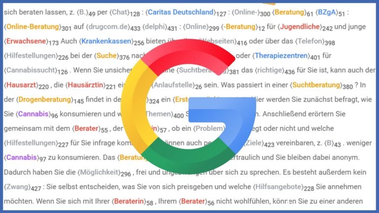 Ein Beispieltext unter dem Menüpunkt “Entitäten” in der Google Cloud Natural Language API. Im Vordergrund ist das Logo von Google dargestellt.