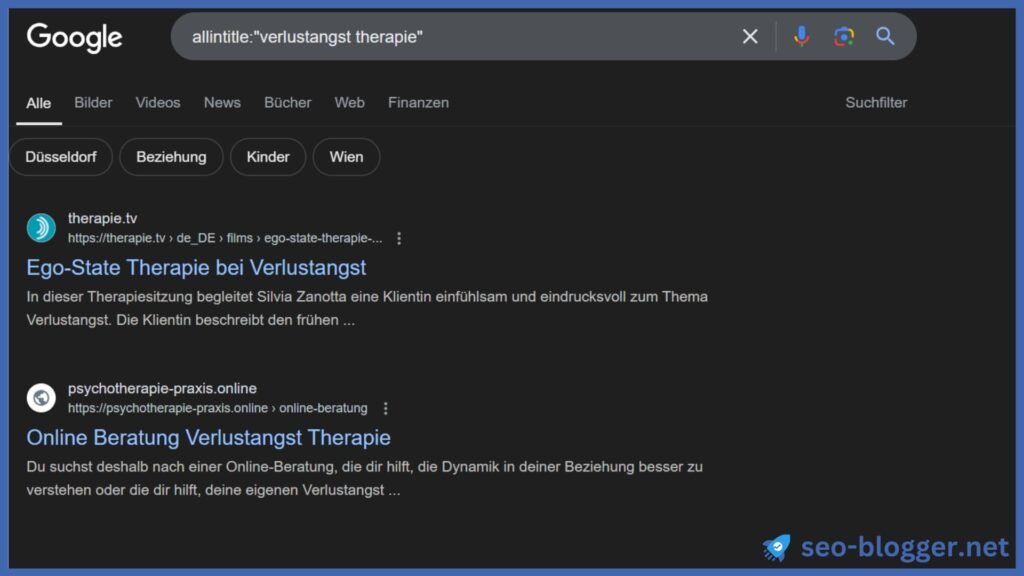 Ergebnis der Googlesuche: allintitle: „Verlustangst Therapie“ Nur zwei Seiten haben beide Begriffe im Titel.