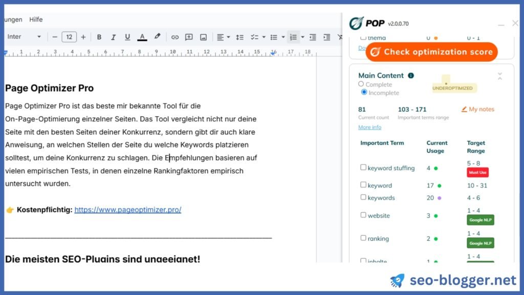 Screenshot – Die Browser Extension von Page Optimizer Pro ist neben einem Google Doc geöffnet.