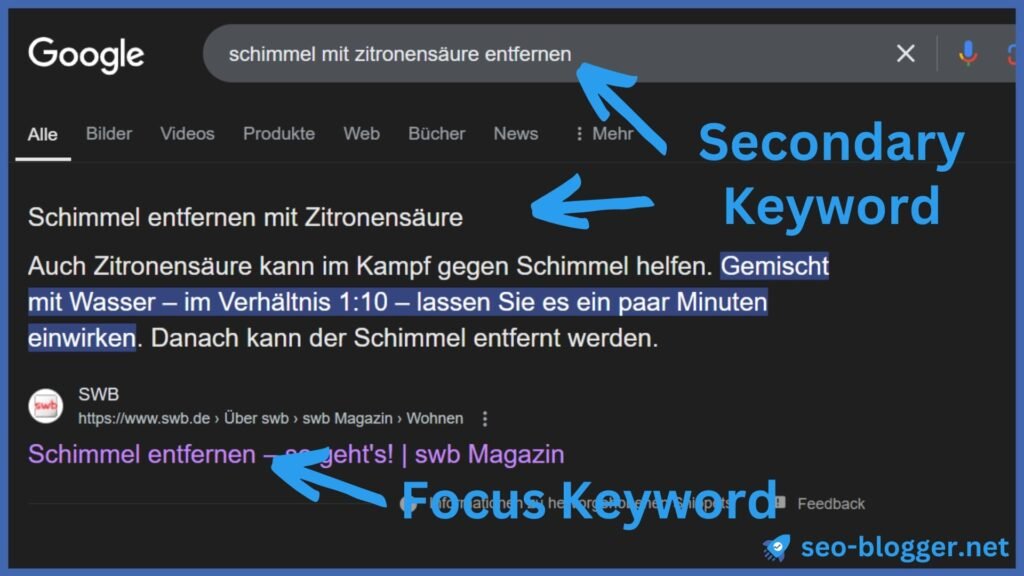 Screenshot Suchergebnis eines Featured Snippets mit dem Secondary Keyword als Überschrift und dem Focus Keyword im Titel der Seite.