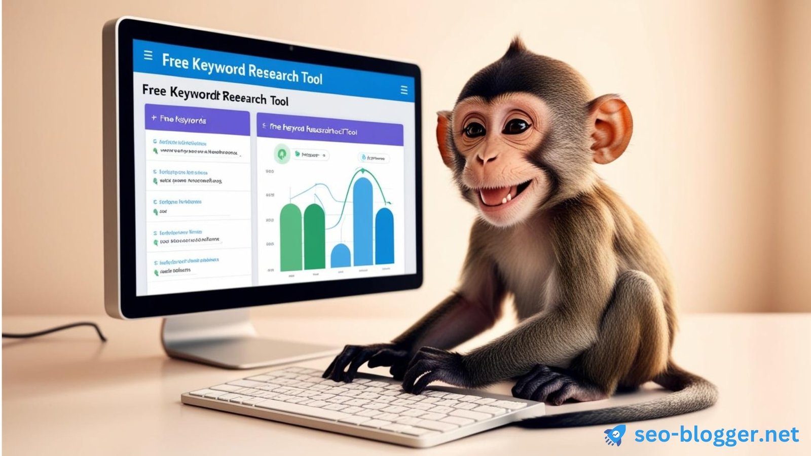 Illustration eines Affen, der vor einem Monitor sitzt, auf dem ein “Free Keyword Research Tool” geöffnet ist.
