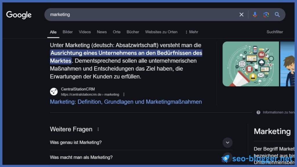 Screenshot eines Featured Snippets (Text-Snippet) für den Suchbegriff „marketing“.