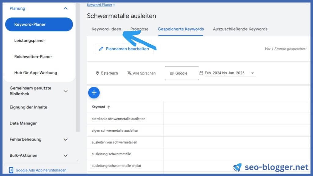 Eine Keywordliste in einem Plan im Google Keyword-Planer. Markiert ist der Menüpunkt „Keyword-Ideen“.