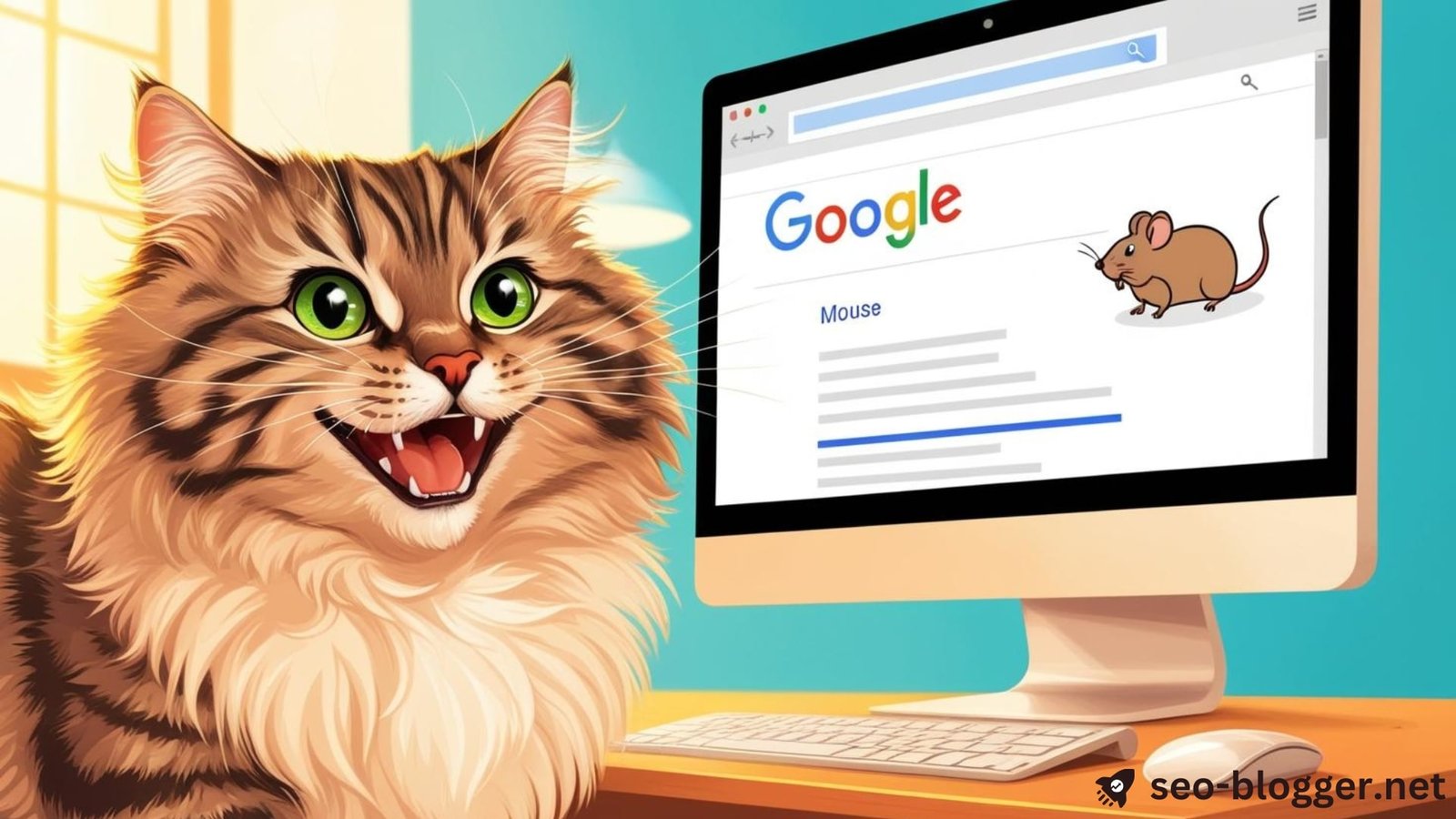 Illustration einer Katze, deren Suchintention perfekt getroffen wurde und die auf ein Google Suchergebnis schaut, auf dem sich eine Maus befindet.