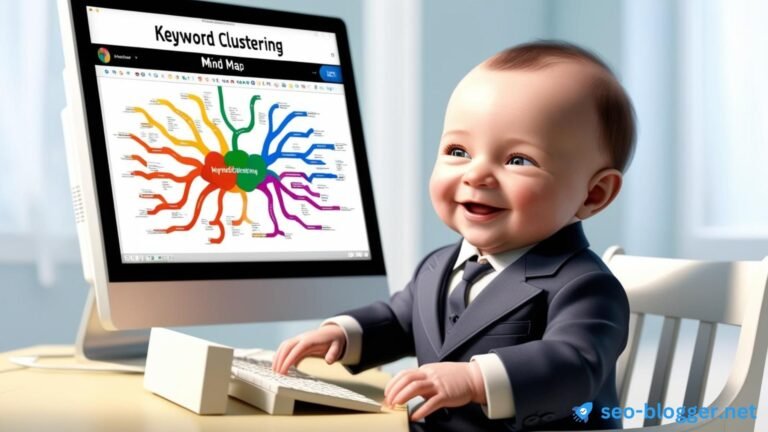 Illustration – Keyword Clustering wird von einem Baby im Anzug durchgeführt.