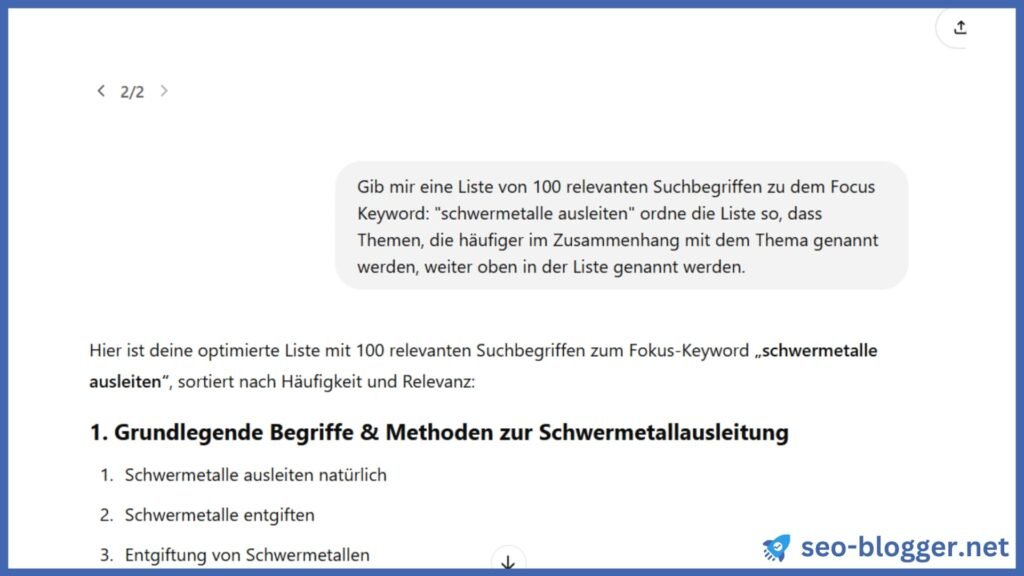 Screenshot der Eingabe eines Prompts bei ChatGPT, um verwandte Keywords zu finden.