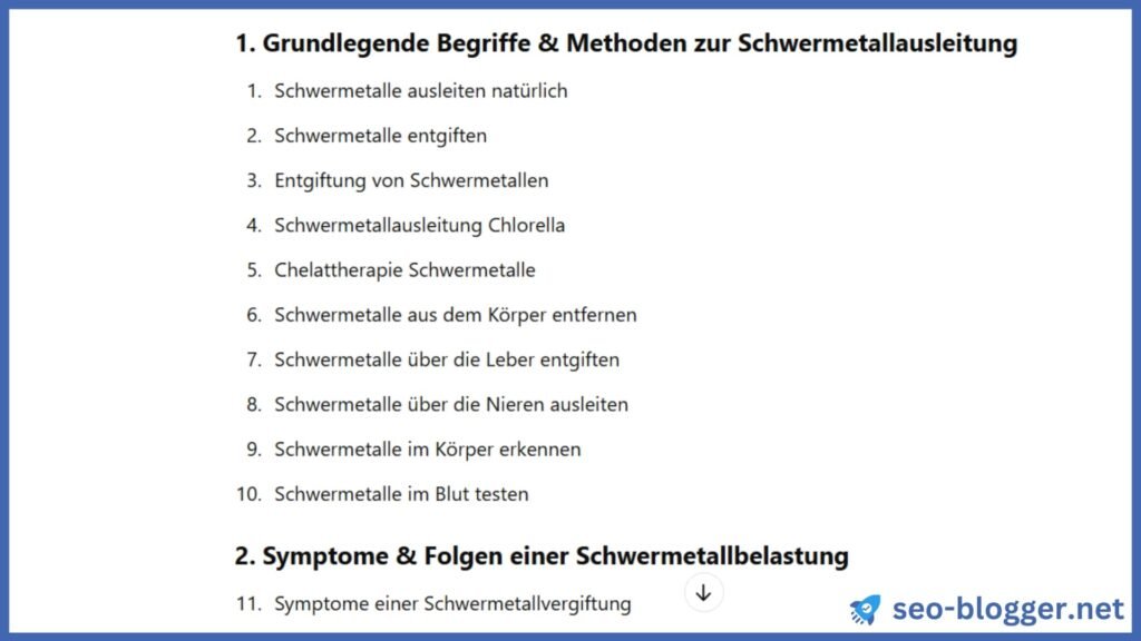 Screenshot der Ausgabe von ChatGPT nach Eingabe des Prompts, um verwandte Keywords zu finden.