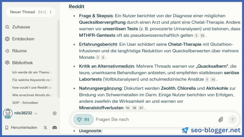 Screenshot von einer Ausgabe von Perplexity in der Nutzererfahrungen auf Reddit zu dem Focus Keyword dargestellt sind.