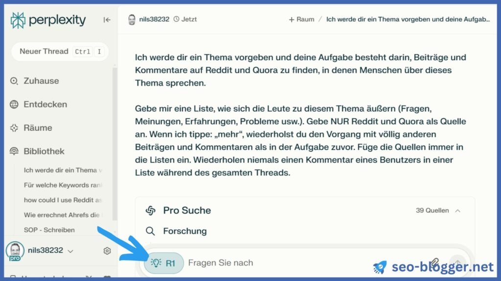 Screenshot von einem Prompt in Perplexity, um Keywords auf Reddit und Quora zu finden.