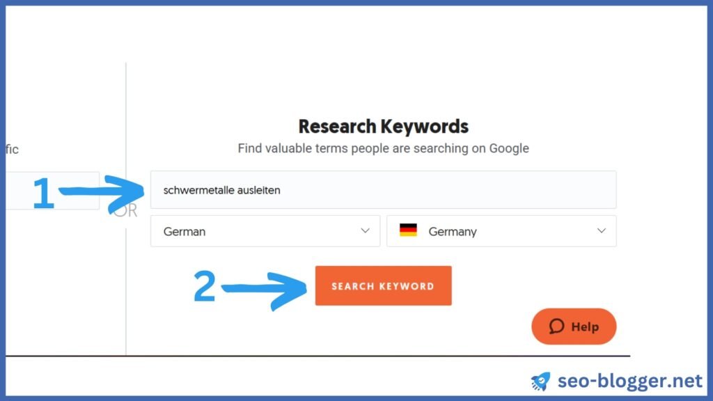 Screenshot von Ubersuggest. Markiert ist das Eingabefeld „Research Keywords“ und der Button „Search Keywords“.