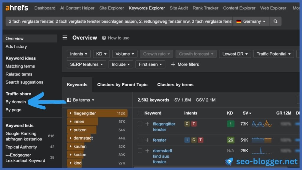 Screenshot – Overview für 2502 Keywords im Keyword Explorer von Ahrefs. Markiert ist der Menüpunkt „Traffic share By domain“.