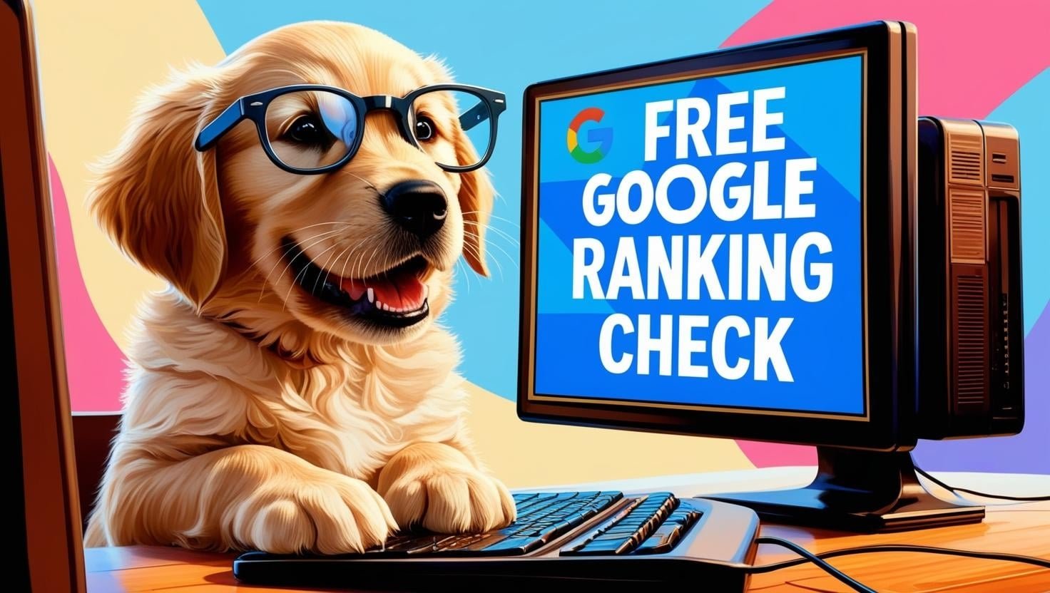 Hund mit Brille arbeitet an einem Computer. Auf dem Desktop steht „FREE GOOGLE RANKING CHECK“.