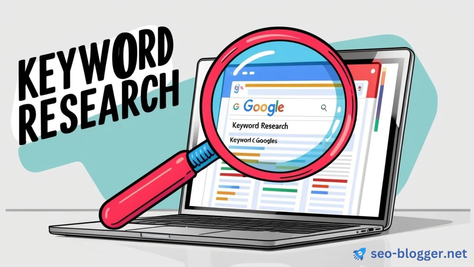 Eine Lupe vor einem Laptop, auf dem Google geöffnet ist. In dem Bild steht groß: „Keyword Research“.
