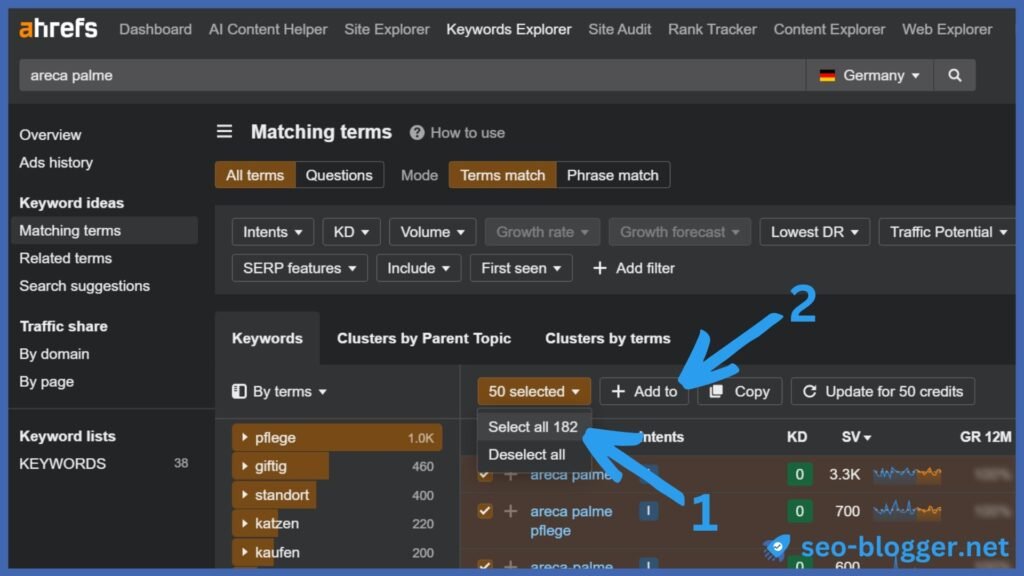 Screenshot des Keyword Explorers von Ahrefs. Markiert ist die Auswahl „Select all“ und „Add to“.