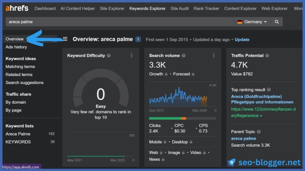 Screenshot des Keyword Explorers von Ahrefs. Markiert ist der Menüpunkt „Overview“.