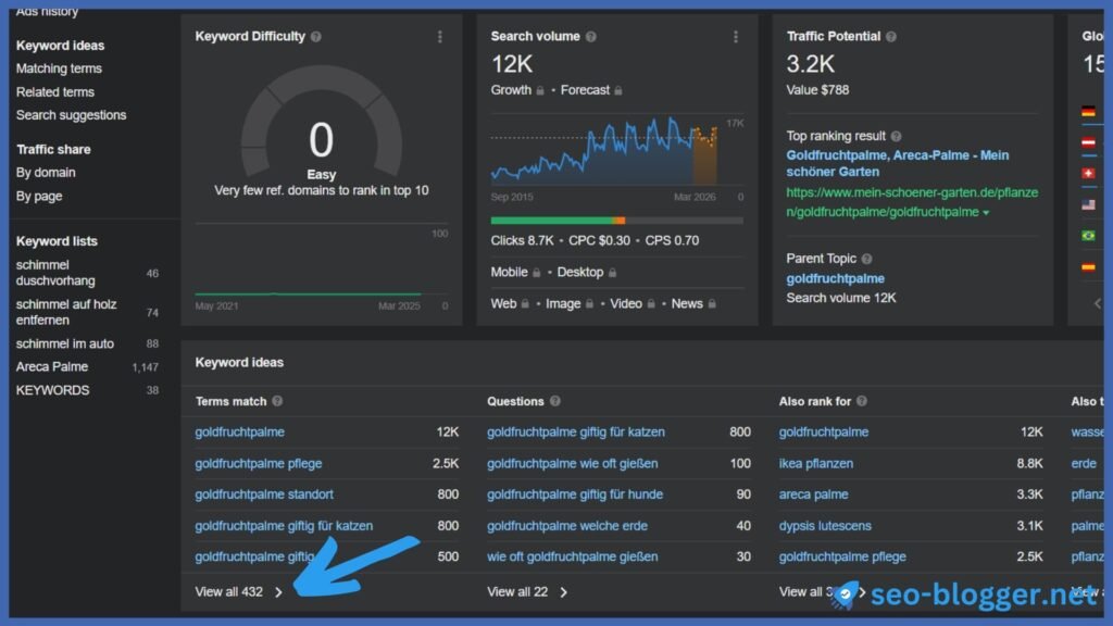 Screenshot des Overviews im Keyword Explorer von Ahrefs. Markiert ist “View all” unter Keyword ideas”.