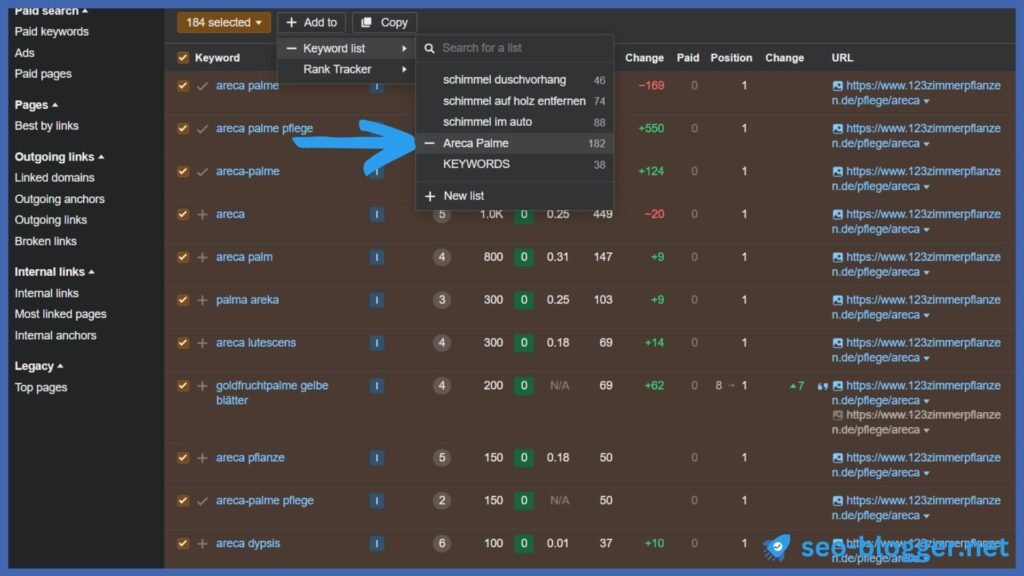 Screenshot der Organic Keywords in einer URL in Ahrefs unter „Site Explorer“ – „Organic Keywords“. Markiert ist eine Keywordliste unter dem Menüpunkt: „Add to“ - „Keyword list“.