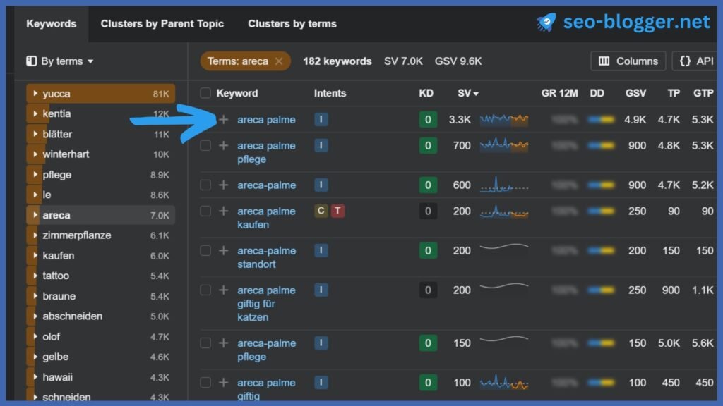 Screenshot des Keyword Explorers von Ahrefs. Markiert ist das oberste der gefilterten Keywords.