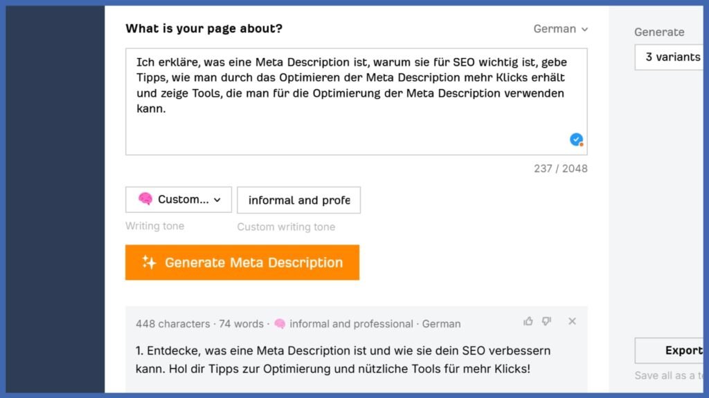 Screenshot von dem Free AI Meta Description Generator von Ahrefs.