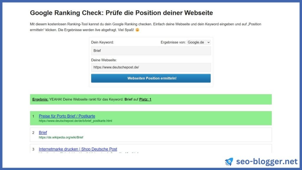 Ausgabe eines Google Ranking Checks auf der Website von Moritz Bauer.