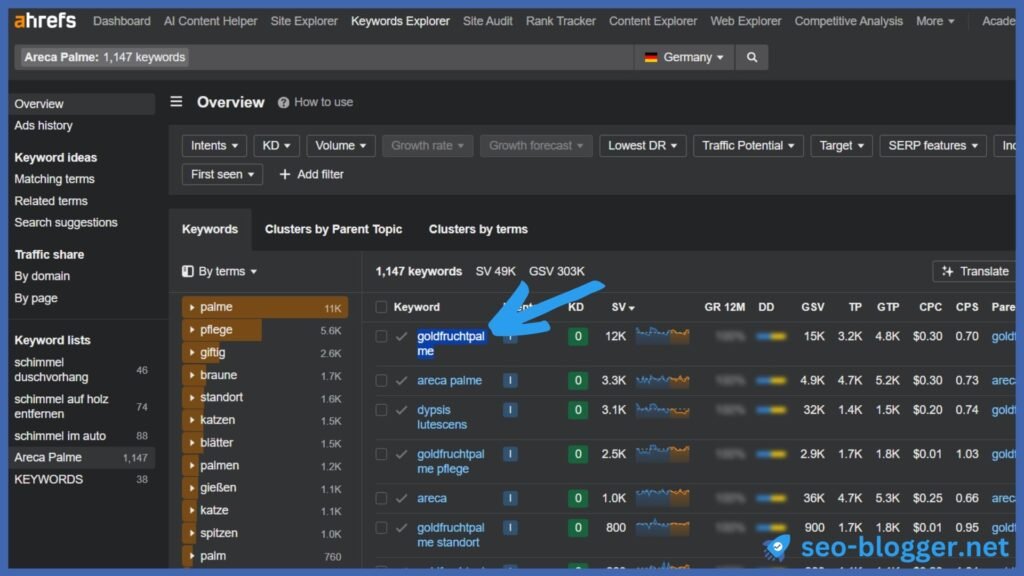 Screenshot einer Keywordliste in Ahrefs. Markiert ist das oberste Keyword in der Liste.