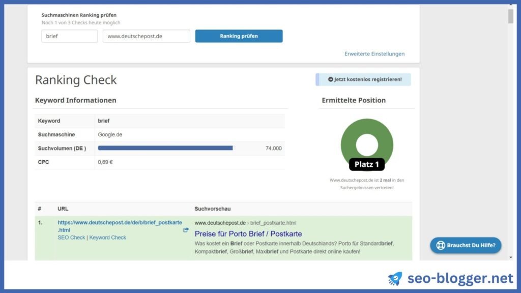 Ausgabe eines Ranking Checks in Seobility.