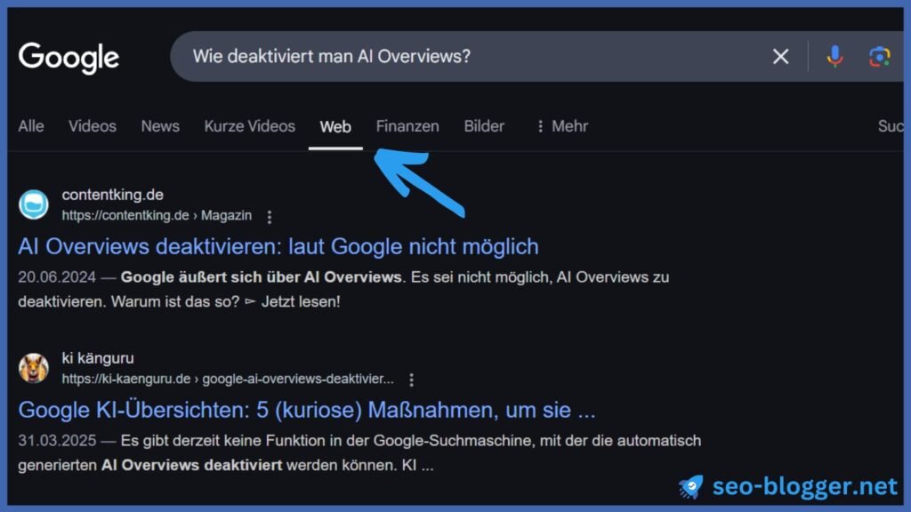Screenshot einer Googlesuche, bei der die Registerkarte „Web“ markiert ist.
