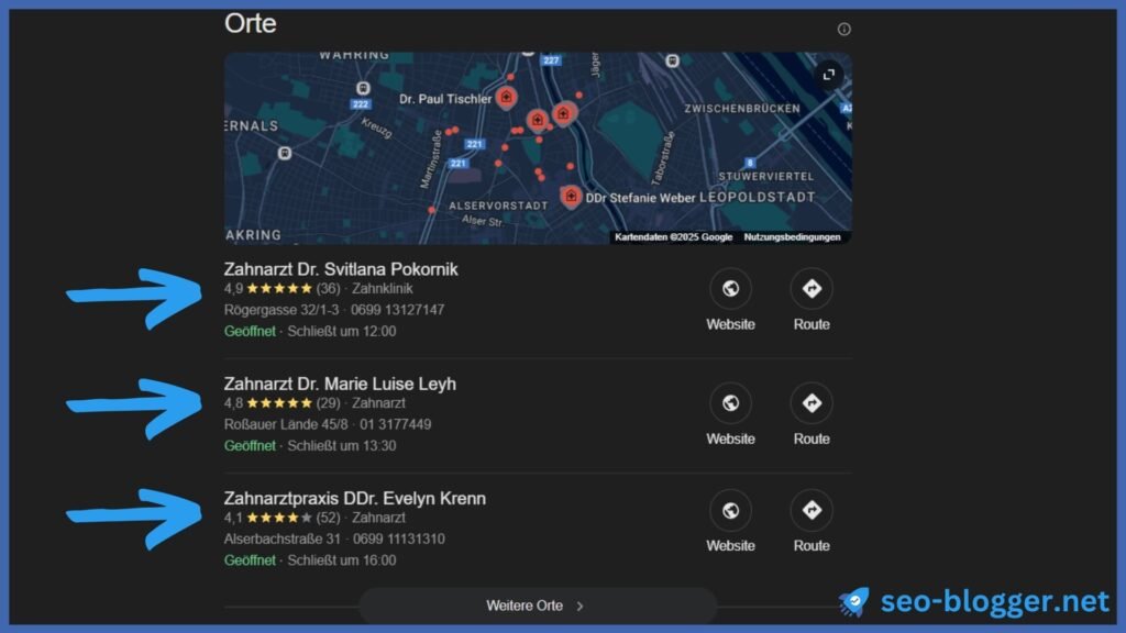 Screenshot eines Google Local Packs.