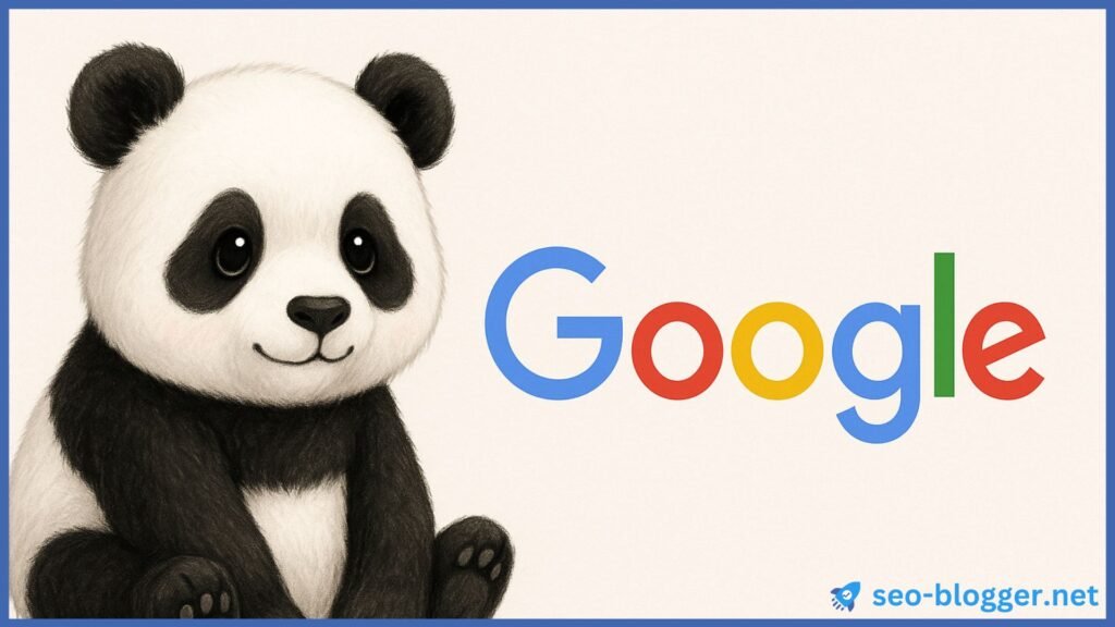 Ein Panda sitzt neben dem Logo von Google.